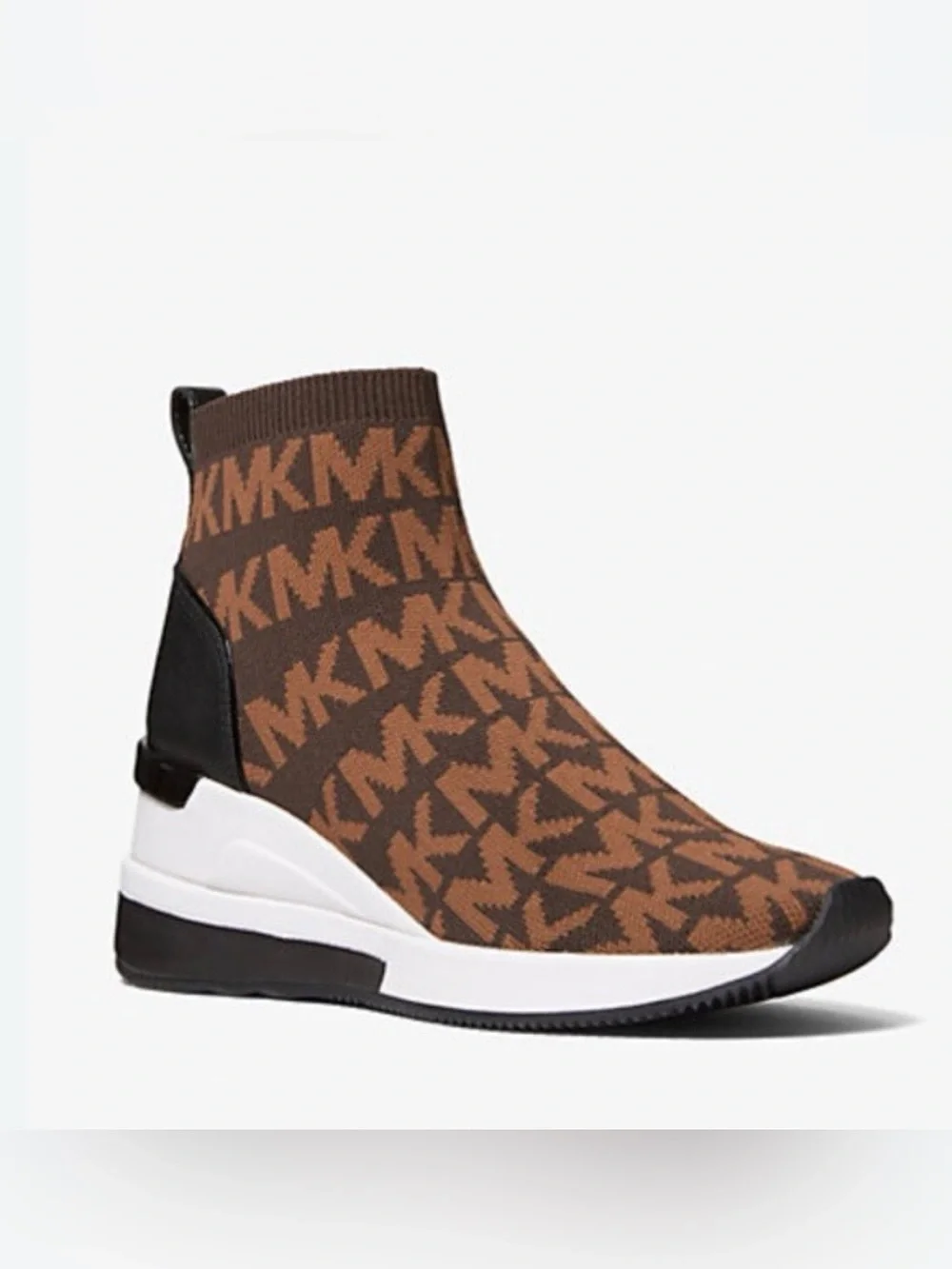 Michael Kors Brown and Black Logo Knit Wedge Sneaker Bootie